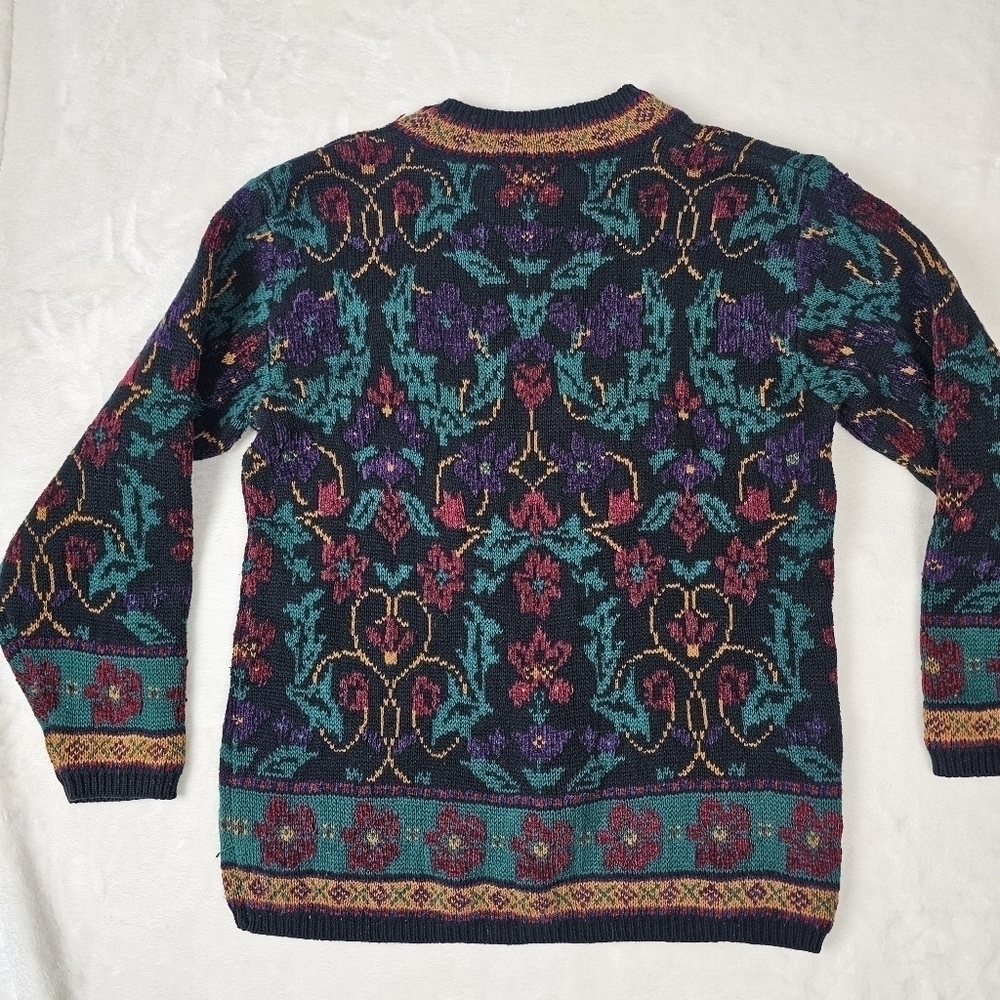 Lands End Sweater womens Medium 80s 90s oversized warm Knit grandma print - Picture 7 of 11